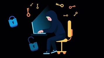 hacker com computador portátil computador roubando senhas e quebra dentro confidencial dados em alfa canal 2d desenho animado animação video