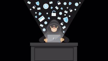 hacker com computador portátil computador roubando senhas e quebra dentro confidencial dados em alfa canal 2d desenho animado animação video
