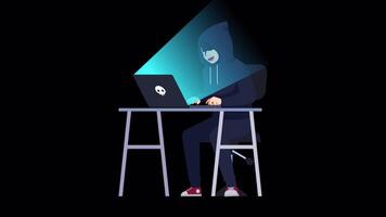 hacker com computador portátil computador roubando senhas e quebra dentro confidencial dados em alfa canal 2d desenho animado animação video