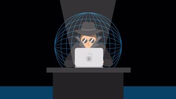 hacker com computador portátil computador roubando senhas e quebra dentro confidencial dados em alfa canal 2d desenho animado animação video
