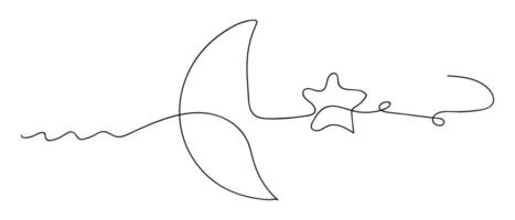 Moon and star drawn in one continuous line. One line drawing, minimalism. illustration vector