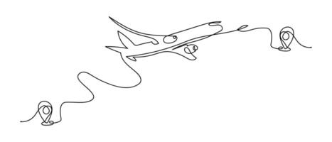 Continuous line drawing of airplane, destination line path of airplane flight route with starting point location, Path with location pins. Distance from one point to another in doodle style vector