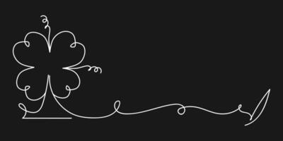 Clover flower banner for Saint Patrick day - good lucky symbol, single line. stock minimalism illustration isolated on black background for design template invitation vector