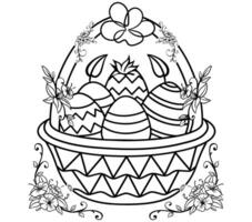 Easter wicker basket with a bow, flowers and painted eggs coloring book page vector