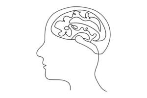 Continuous line art or One Line Drawing of a human brain, mechanical and robotic technology with advanced. vector