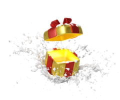 open gift box empty with bow, ice splash isolated. merry christmas and new year day concept, minimal abstract, 3d illustration render png