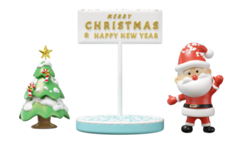 3d podium empty with santa claus, christmas tree, sign merry christmas and happy new year isolated. 3d render illustration png