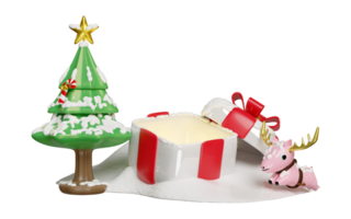 3d open gift box with deer, christmas tree isolated on beige background. merry christmas and happy new year, 3d render illustration png