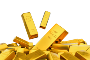 Gold falls and gold bar stack isolated on transparent background, 3D rendering png
