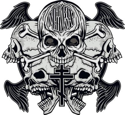 grunge five skulls and orthodox cross