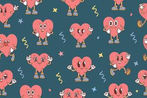 pattern with cute pink hearts in kawaii style. Seamless pattern for Valentine's Day. Trendy retro cartoon hearts seamless pattern. Groovy style, vintage, 70s 60s aesthetics. . vector