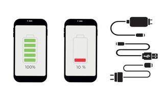 Set of smartphones with battery level indicators. Charged and discharged phones. Set of chargers. Collection of icons. vector