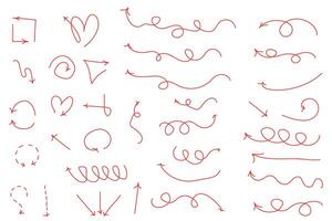 Isolated arrows, hand drawn on a white background. Straight, curved, circular, multidirectional arrows vector