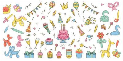 Set of colorful doodle style Happy Birthday elements isolated on white background. vector