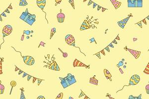 Festive seamless pattern of colorful elements in doodle style Happy Birthday, isolated on white background. vector