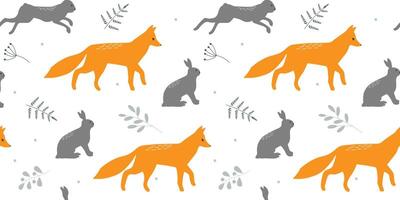 Seamless pattern with forest animals. Abstract silhouettes of a hare and fox against a background of leaves. vector