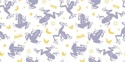 Seamless pattern with silhouettes of a frog on a background of stars, sky, moon, dragonflies and butterflies. Abstract fantasy print with amphibians. vector