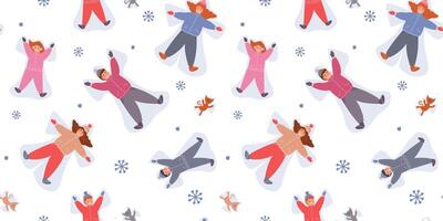 Seamless pattern with abstract people making snow angel, winter holiday print. vector