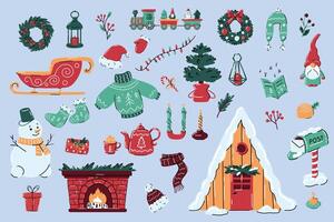 Winter set with cozy objects. flat style with outline. House, tree, branches, clothes vector