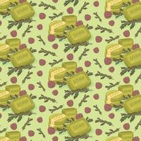 Seamless pattern of green soap with pine cones and fir branches. illustration. vector