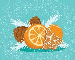 Still life composition of tangerines, gingerbread, fir branches, pine cones. Snow background. vector