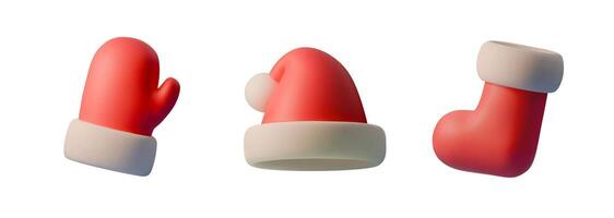3D illustration set of Christmas items red mitten, Santa hat, and boot. Designed in minimalist style with soft white cuffs, perfect for holiday decorations, cards, and winter themes vector