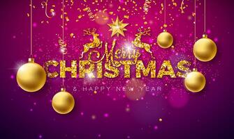 Merry Christmas and Happy New Year Illustration with Gold Glittered Typography Letter and Falling Confetti on Shiny Red Background. Holiday Season Design for Greeting Card, Party Invitation or vector