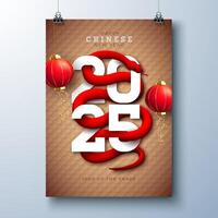 Happy Chinese New Year 2025 Banner with Snake Zodiac Sign and Paper Lantern on Red Scaly Pattern Background. Lunar New Year Traditional Design with Gold Typography for Flyer, Greeting Card, Banner vector