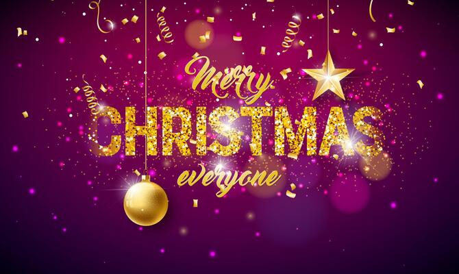 Merry Christmas Illustration with Gold Glittered Typography Letter and Falling Confetti on Shiny Background. Holiday Season Design for Greeting Card, Party Invitation or