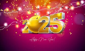 2025 Happy New Year Illustration with 3d Number, Gold Christmas Ball and Light Garland on Falling Confetti Background. Holiday Design with Typography Lettering for Flyer, Greeting Card, Banner vector