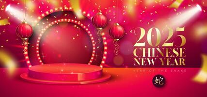 Happy Chinese New Year 2025 Sale Banner with Snake Zodiac Sign, Light Bulb Billboard, Stage Podium and Paper Lantern on Red Background. Lunar New Year Traditional Design with Gold Falling Confetti for vector