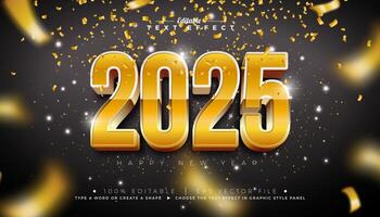2025 Happy New Year 3D Text Effect Design. Editable and Scalable Graphic Style Effect with Gold Typography Lettering and Falling Confetti on Black Background. Winter Holiday Illustration vector