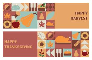 Set of horizontal Happy Harvest and Happy Thanksgiving. Greeting card design template with abstract geometric print. illustration vector