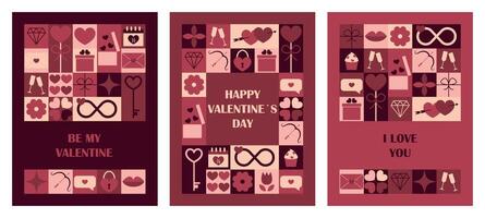 Valentines day cards. Set of modern geometric backgrounds for Valentines day. Abstract neo geometric pattern. Template for postcard or invitations. illustration vector