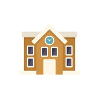 Small town hall building with clock tower covered in snow flat icon design vector