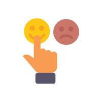 Hand choosing positive feedback with happy emoji over sad face vector