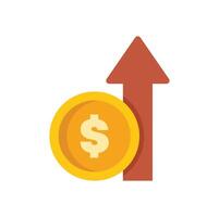 Red arrow pointing up behind large gold coin vector