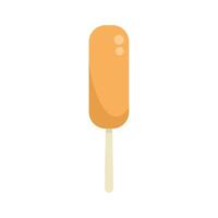 Corn dog on a stick being held up on white background vector