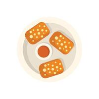 Round plate showing three breaded chicken fingers and dipping sauce from above vector