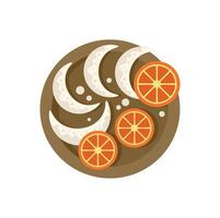 Delicious dessert plate presenting four crescent cookies and three orange slices vector