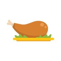 Roasted chicken leg resting on a bed of lettuce on a yellow platter vector