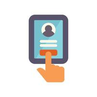 Hand tapping smartphone screen to access personal profile information vector