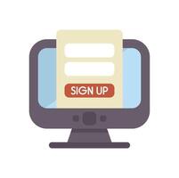 Computer showing online registration form with sign up button vector