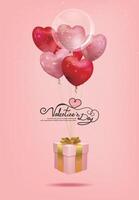 Pink Valentine's Day card with a string of pink and red heart-shaped balloons tied with a gift vector