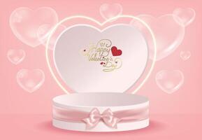 Pink Valentine's Day display stand with tied bows and many transparent hearts on the background vector