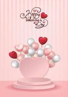 Pink Valentine's Day display stand with heart balloons vector