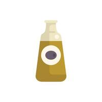 Glass bottle containing olive oil with single olive on label vector