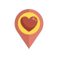 Location pin showing a red heart on a yellow circle and pink background vector