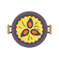 Delicious paella with mussels being cooked in pan top view vector