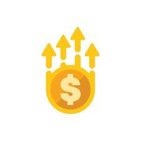 Golden coin increasing value with upward arrows vector